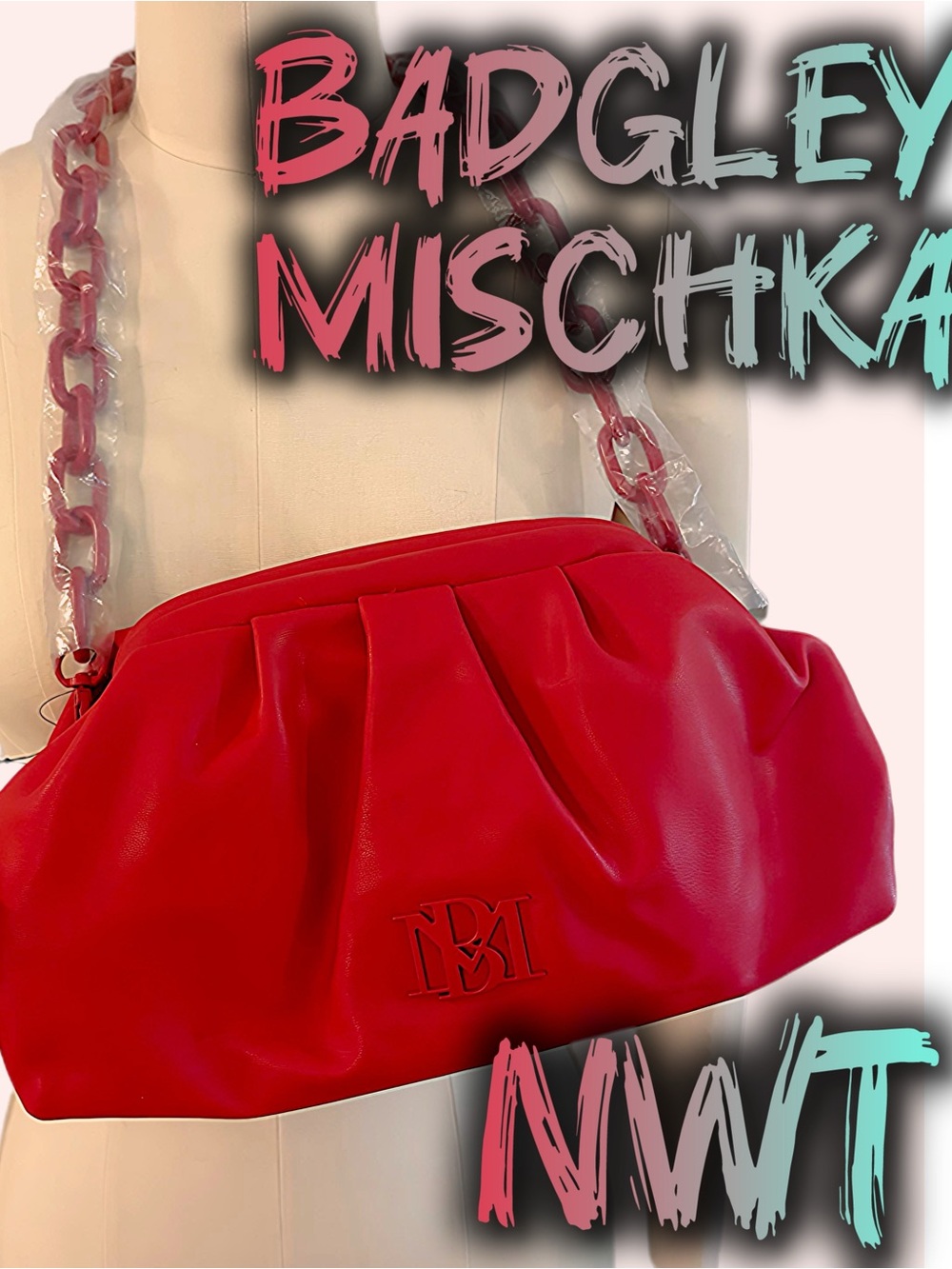 Badgley Miscka Red Wrapped Frame Clutch Purse Handbag Chain Strap Vegan Leather